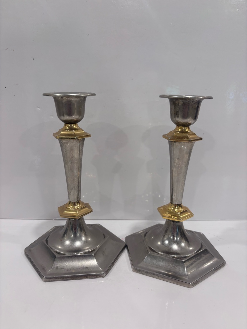 Vintage pair silver tone & brass geometric tapered candle holders art deco 7”